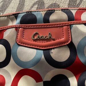 Coach Multicolor Circle Print Wristlet with Coral Trim